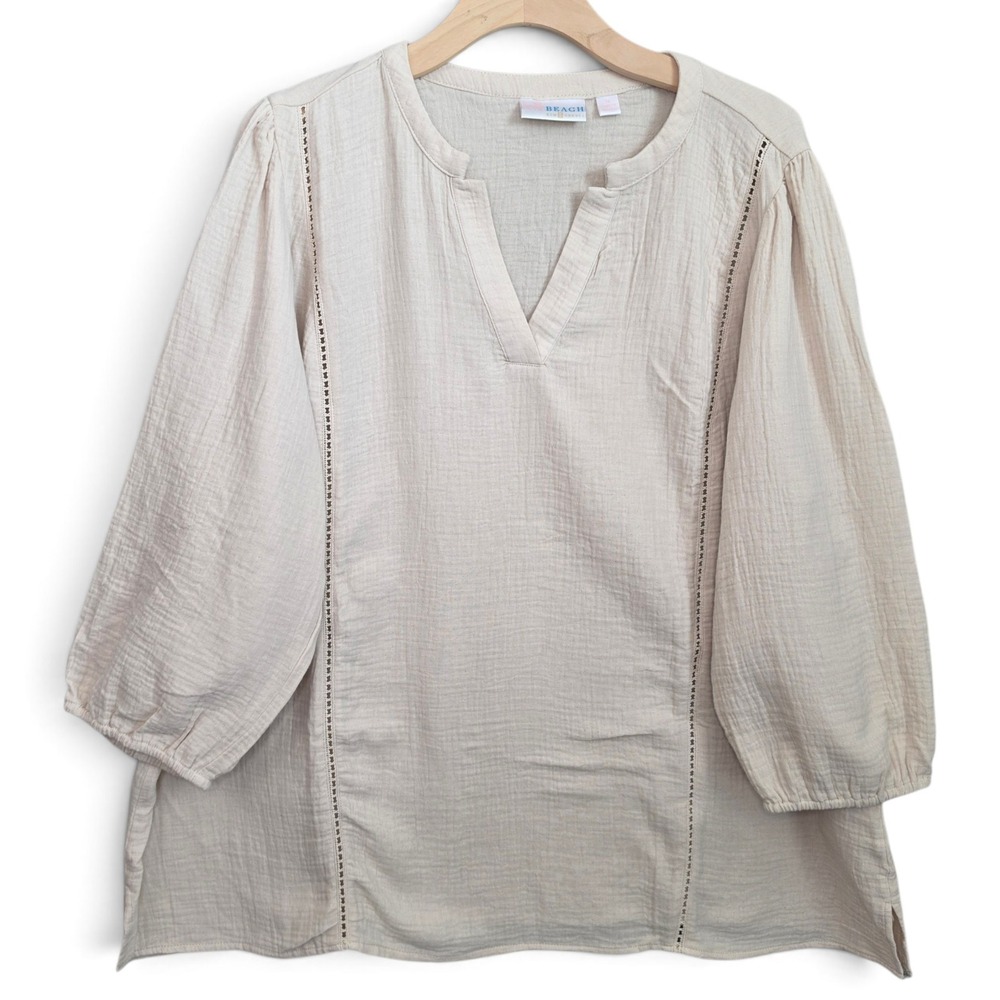 Belle Beach by Kim Gravel 1X Blouse Top Beige Gauze Ladder Lace Split Neck Tunic